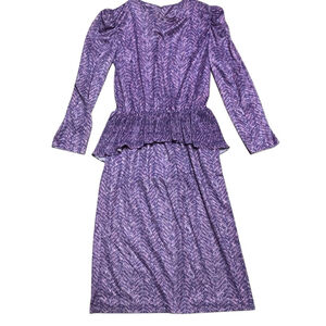 Vintage 1980s Manhattan Plaza Purple Abstract Peplum Retro Dress – Size 10